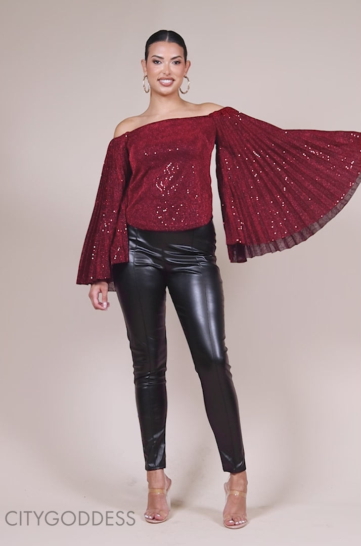 Patterned Sequin Lurex Off Shoulder Pleated Flare Sleeve Top T205