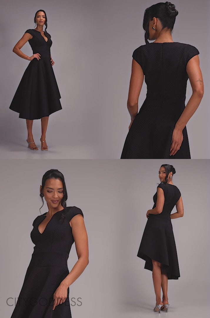 Cap Sleeve Textured Skater Asymmetric Midi Dress DR5076