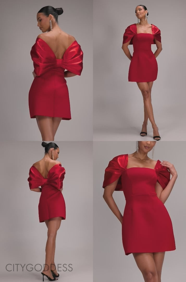 Off Shoulder Back Satin Bow Scuba Mini Dress DR4713