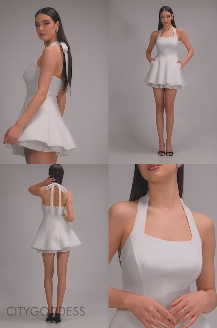 Organza Frill Bow Back Halter Mini Dress DR4744