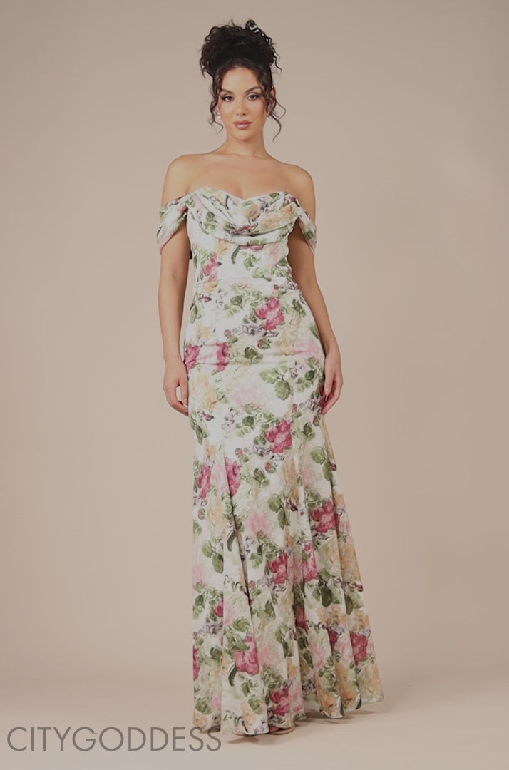 Cowl Neck Floral Print Jacquard Chiffon Maxi Dress DR4583