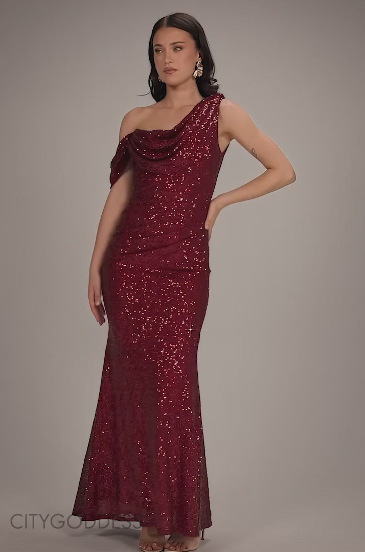 Sequin Cowl One Shoulder Maxi Dress DR4020