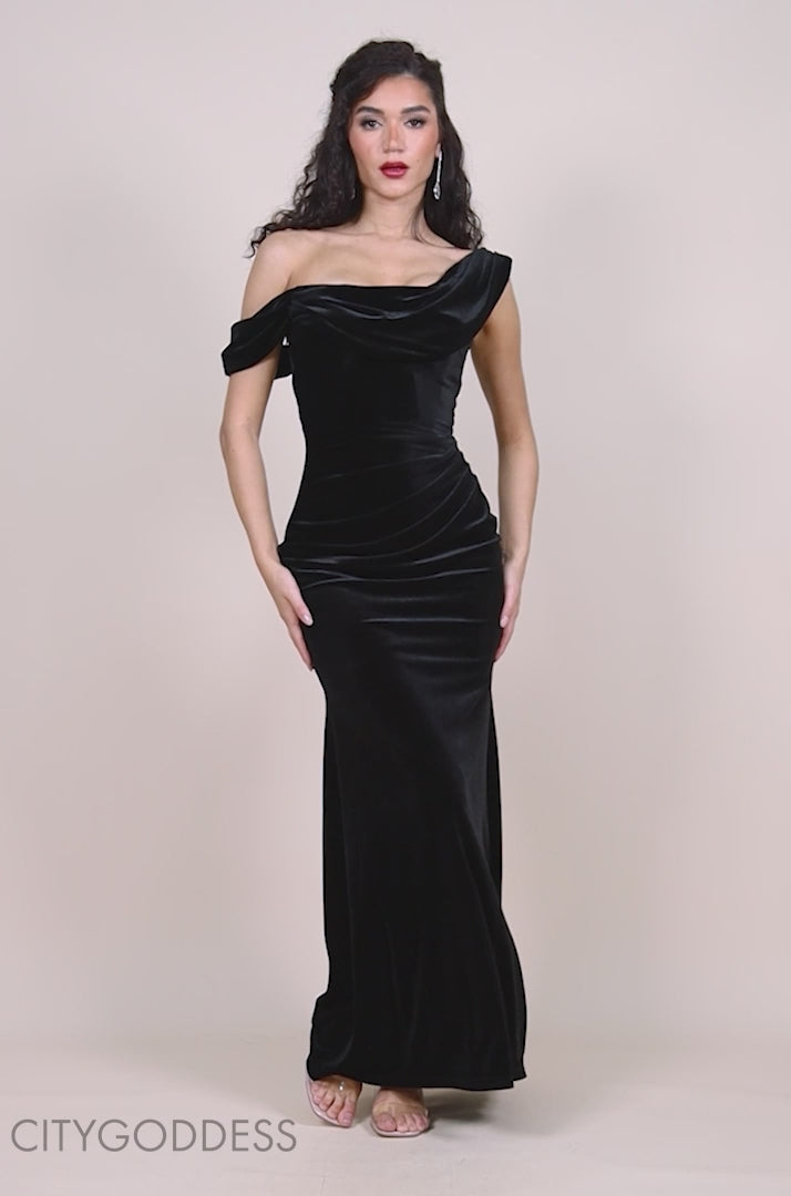 Cowl One Shoulder Velvet Maxi Dress DR4504
