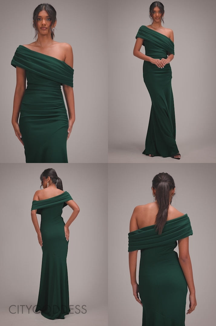 One Shoulder Pleated Bardot Fit And Flare Maxi Dress DR4909