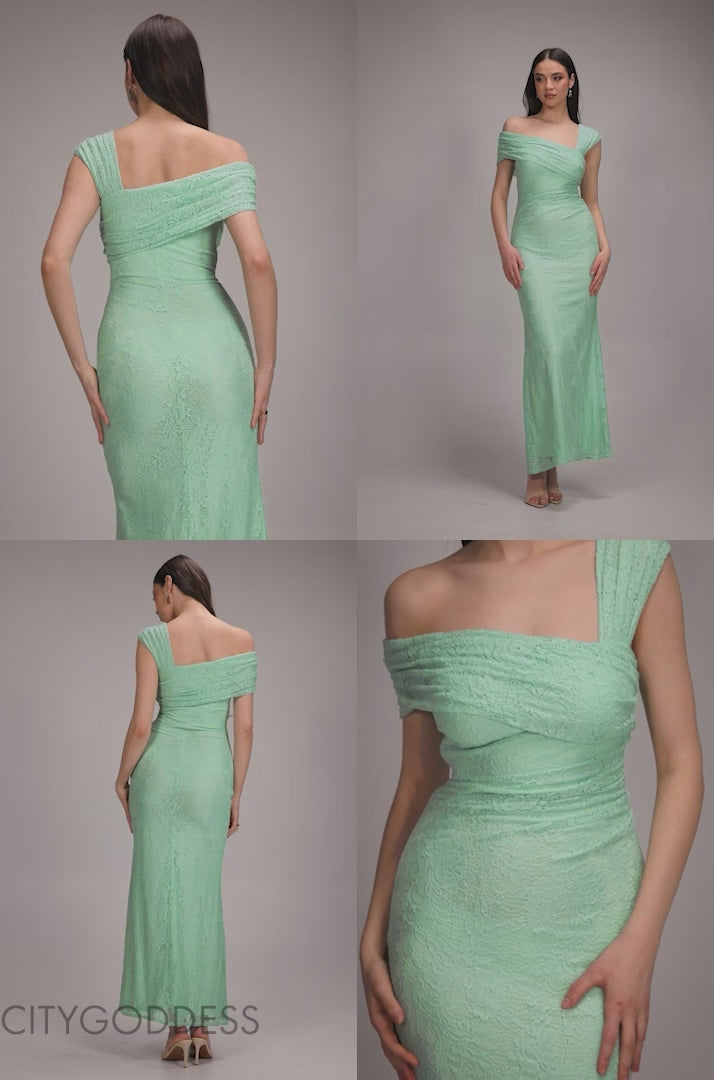 ONE SHOULDER PLEATED BARDOT LACE MAXI DRESS BY GODDIVA DR4956