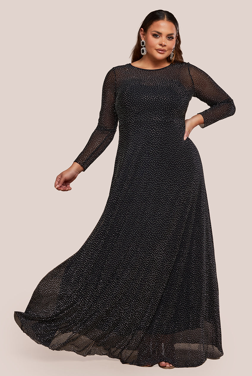 Wholesale Hotfix Diamante Mesh A-Line Long Sleeve Maxi Dress City Goddess Wholesale Hotfix Diamante Mesh A-Line Long Sleeve Maxi Dress City Goddess