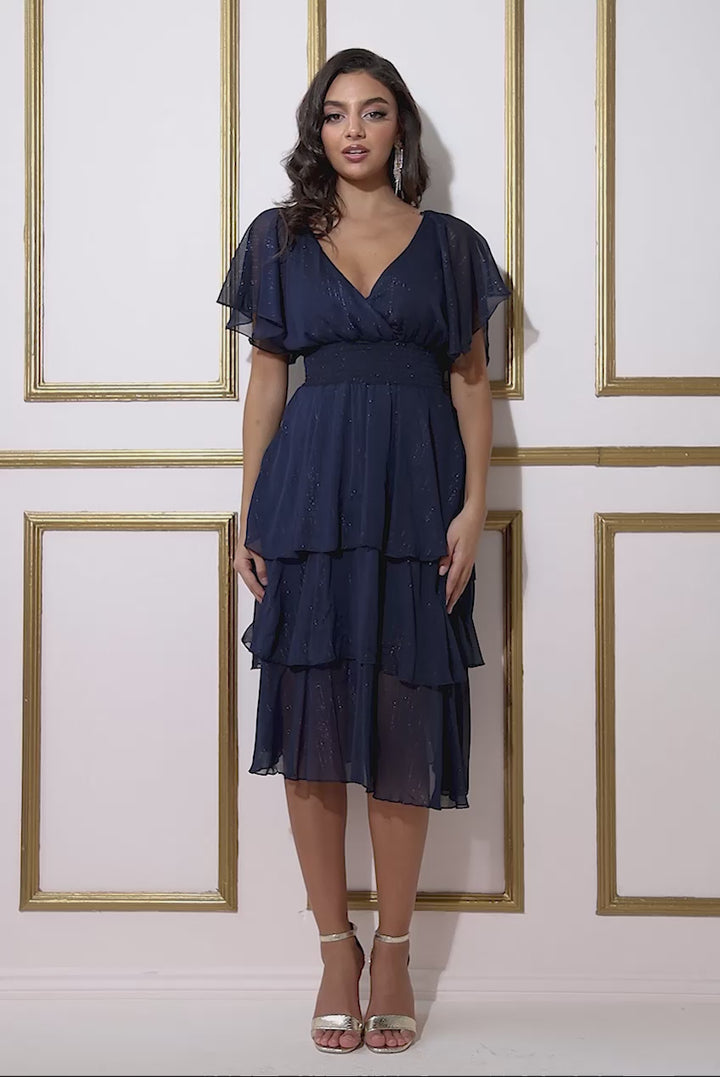 Plain Lurex Chiffon Tiered Midi Dress DR3590QZ