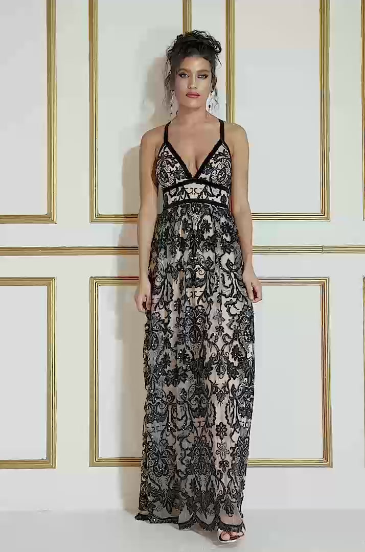 Open Back Sequin & Mesh Maxi Dress DR3213