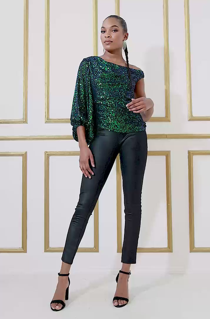 Asymmetric Sequin Balloon Sleeve Top T200