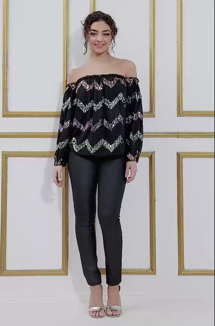 Sequin Zig Zag Bardot Top T201
