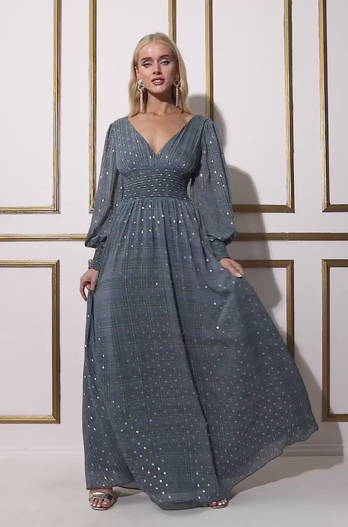 Long Sleeve Maxi Shirred Waistband Dress DR3765B