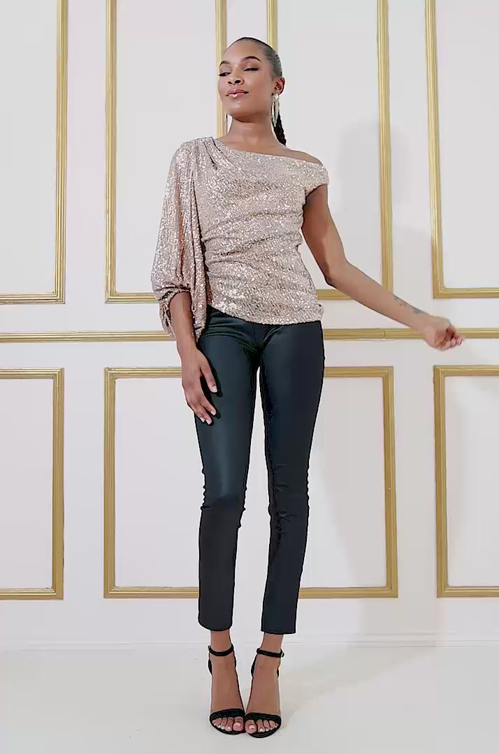 Asymmetric Sequin Balloon Sleeve Top T200
