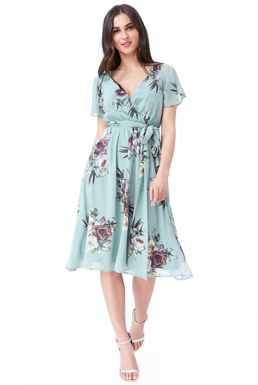 Floral Print Midi Dress With Flutter Sleeves DR1641BB
