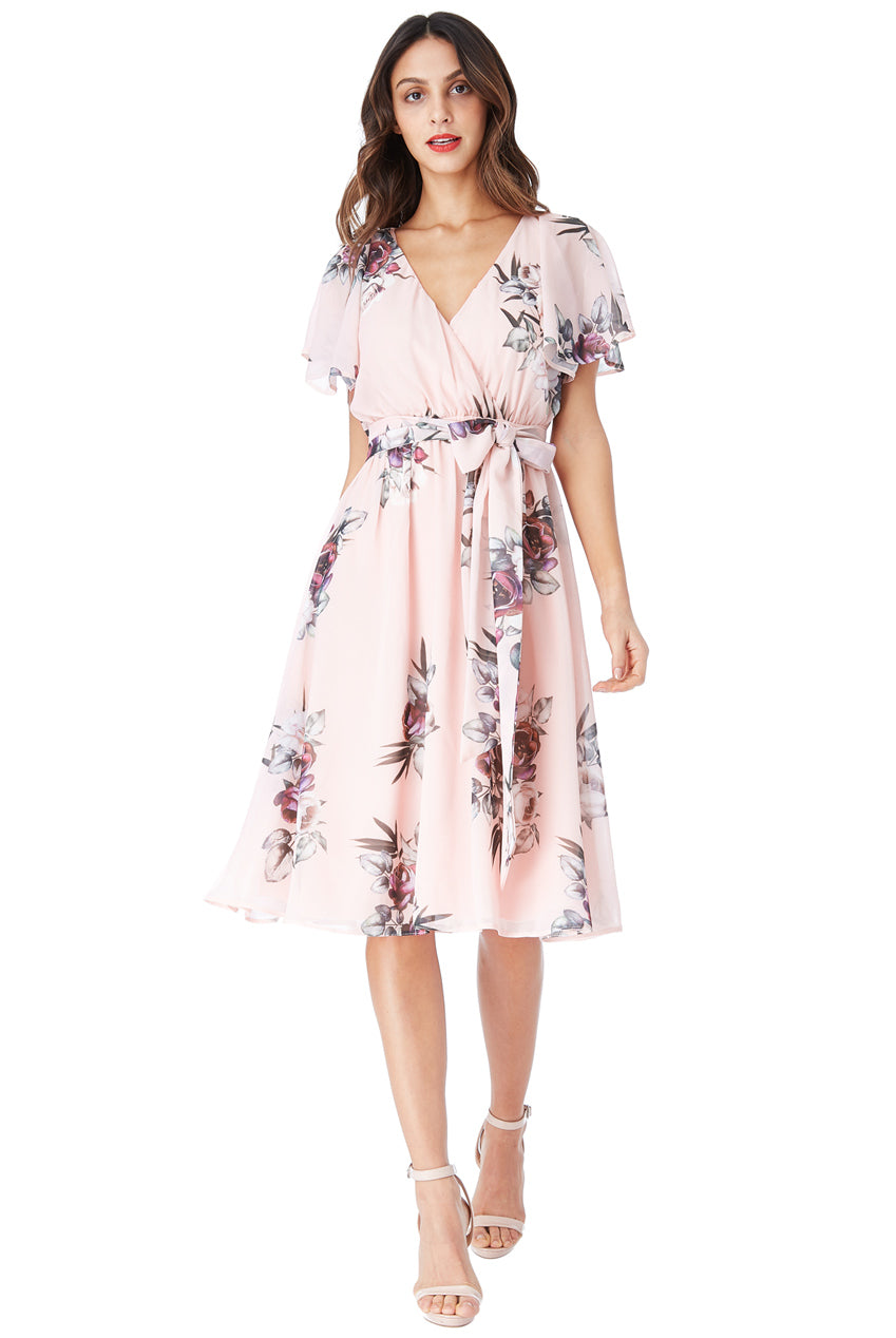 Floral Print Midi Dress With Flutter Sleeves DR1641D