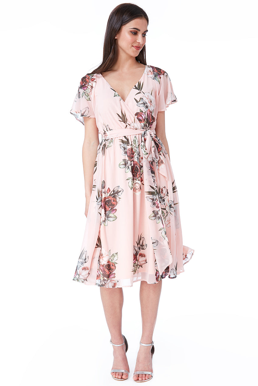 Floral Print Midi With Flutter Sleeves DR1641