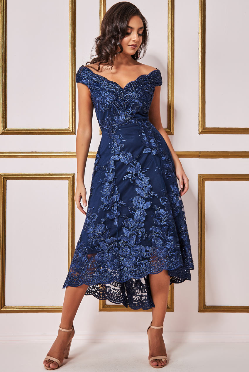 Embroidered Lace Midi Dress With Asymmetrical Hem DR2089QZ
