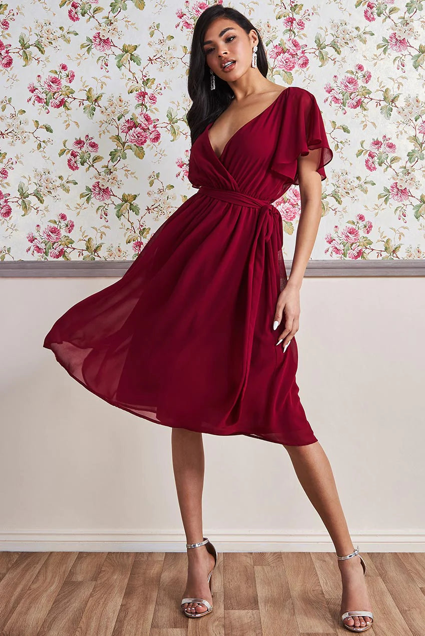 Flutter Sleeve Midi Wrap Dress With Elasticated Waist DR2555B