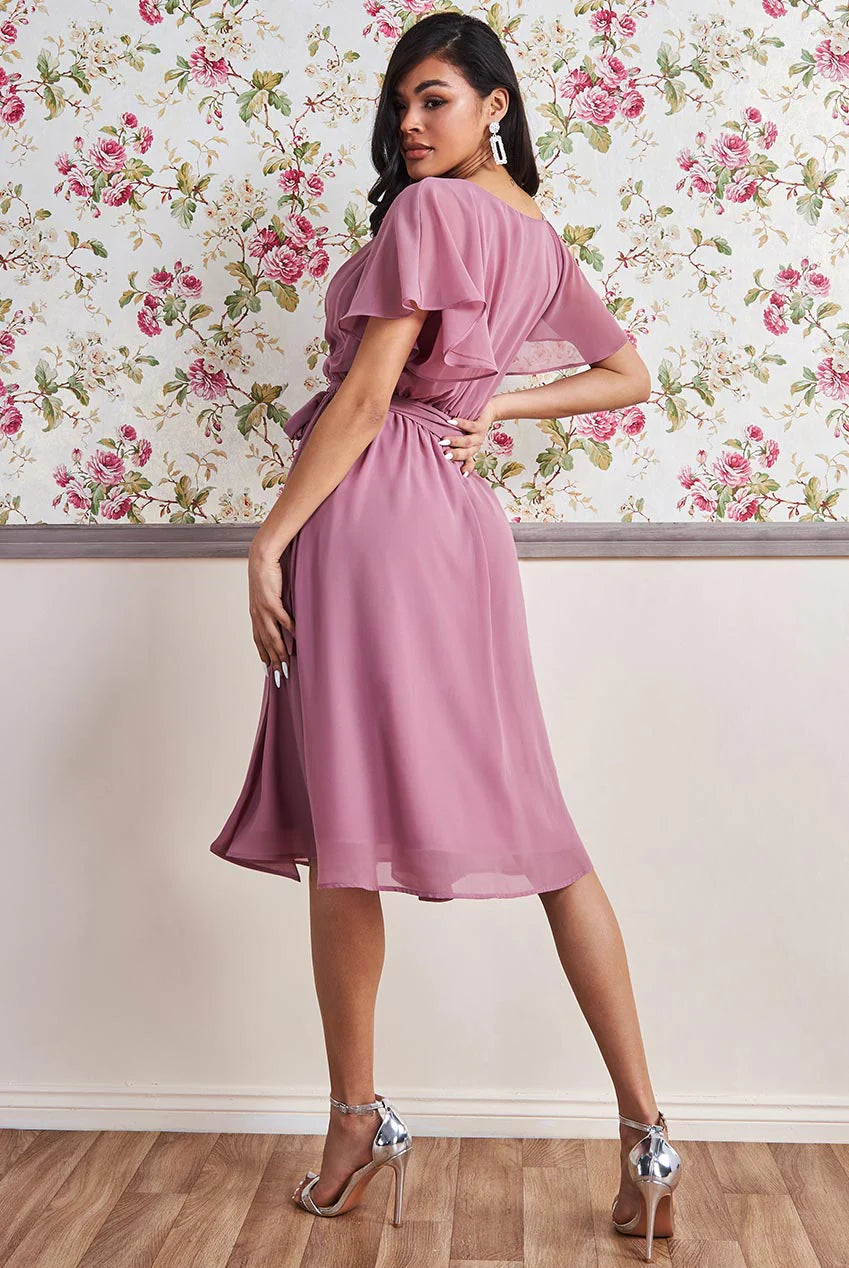 Flutter Sleeve Midi Wrap Dress With Elasticated Waist DR2555B