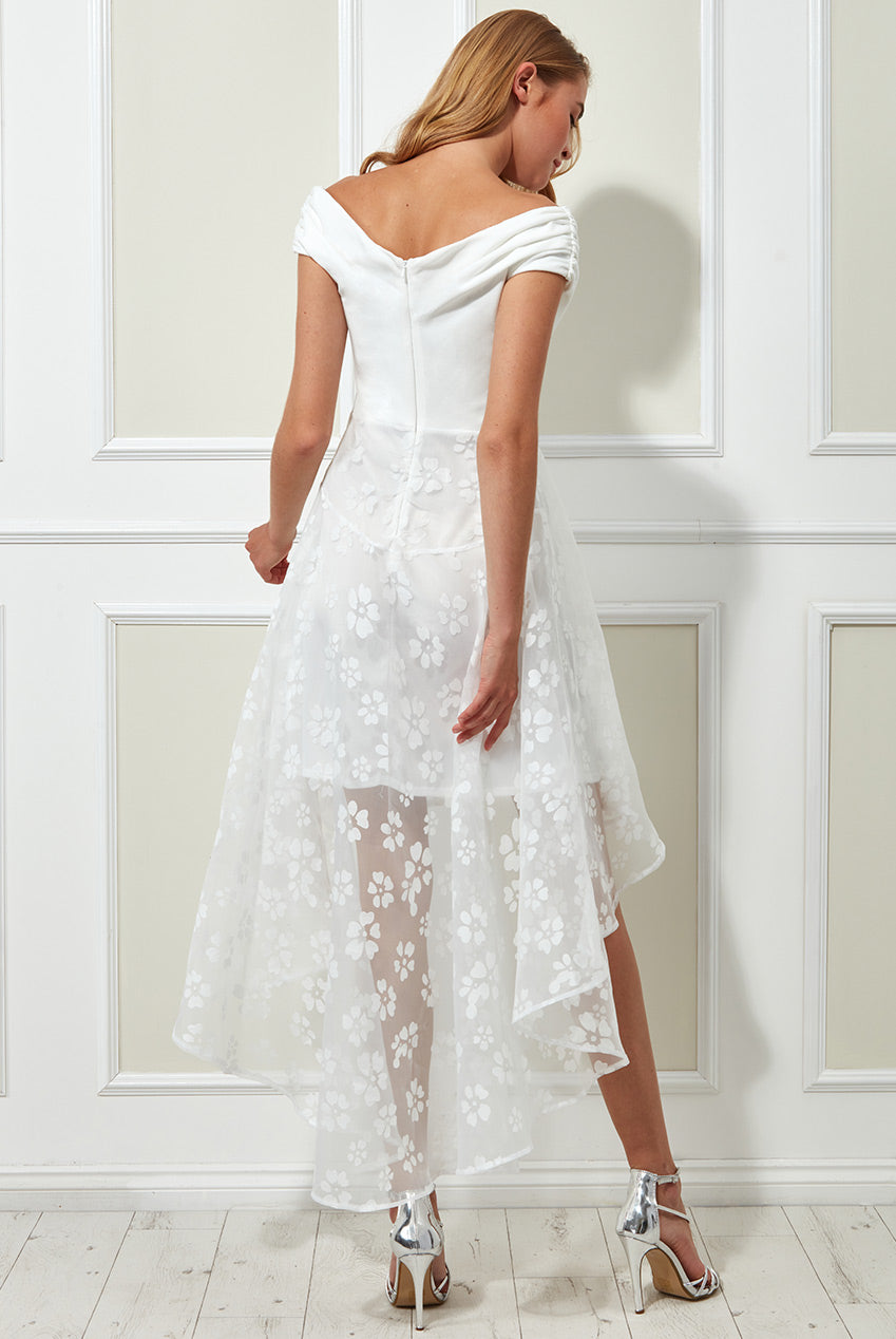 Scuba Off Shoulder With Daisy Organza High And Low Skirt Dress DR2976