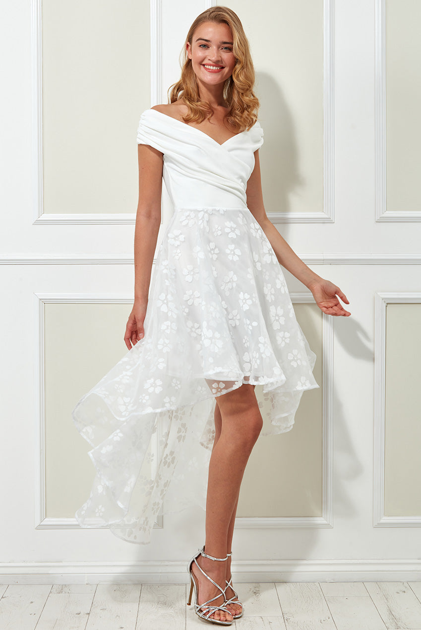 Scuba Off Shoulder With Daisy Organza High And Low Skirt Dress DR2976