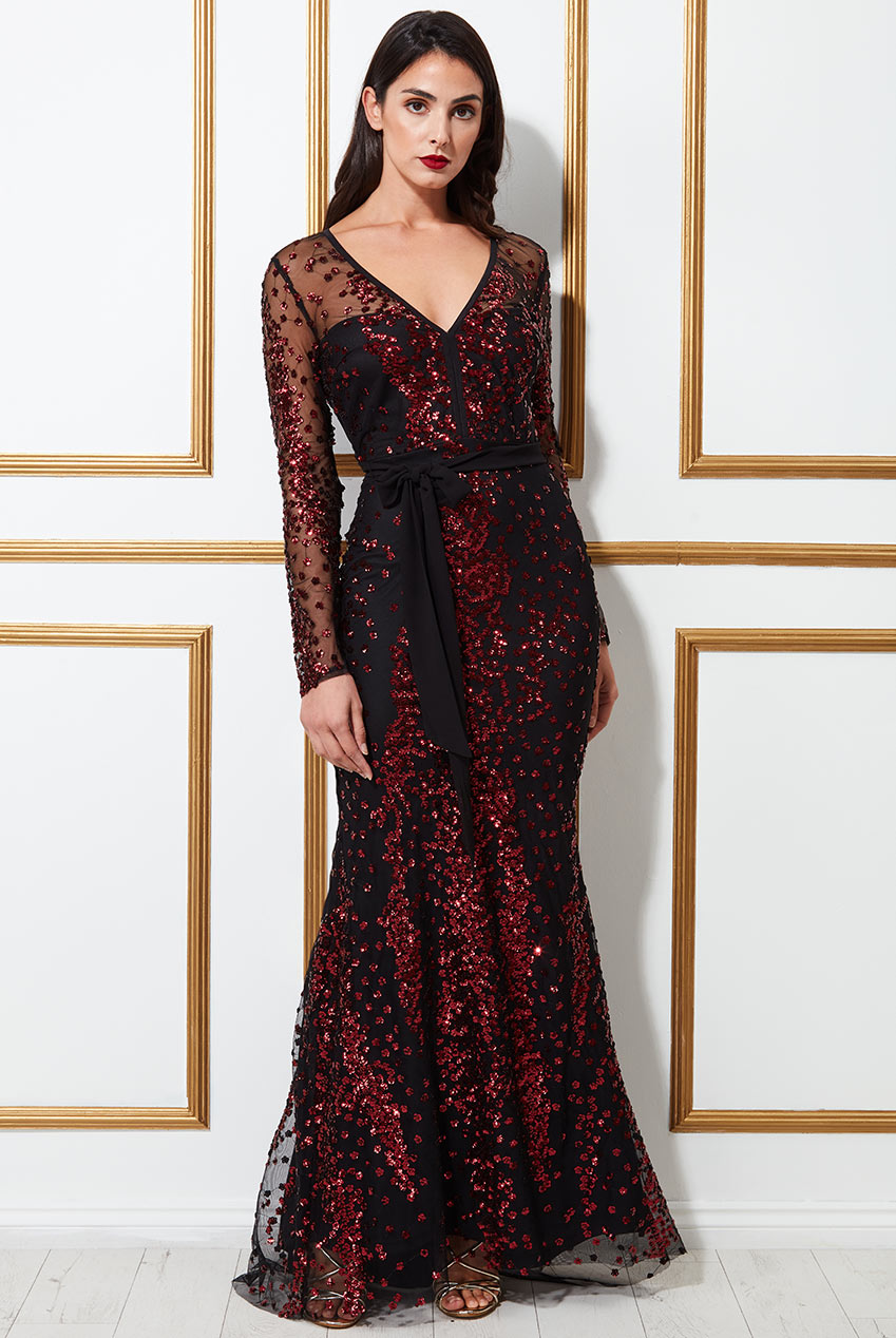 Spread On Sequin Maxi With V Neck Maxi Dress DR3029