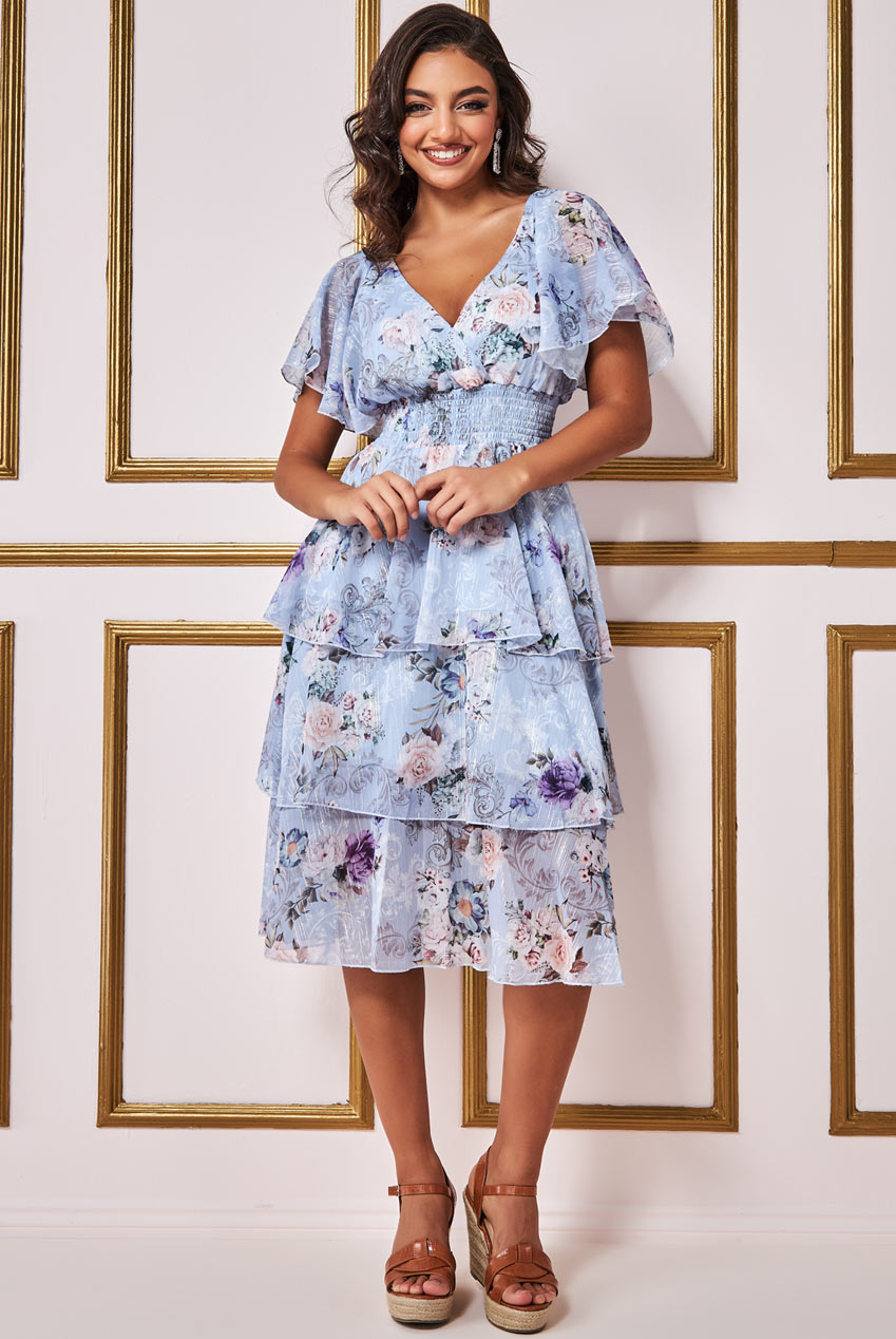 Wholesale Layered Floral Midi Dress With Flutter Sleeves City Goddess Wholesale Layered Floral Midi Dress With Flutter Sleeves City Goddess
