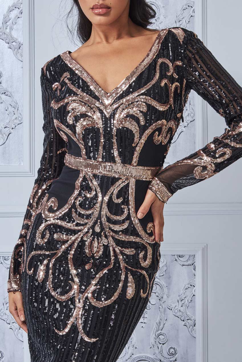 Patterned Sequin Embroidered Midi Dress DR3234