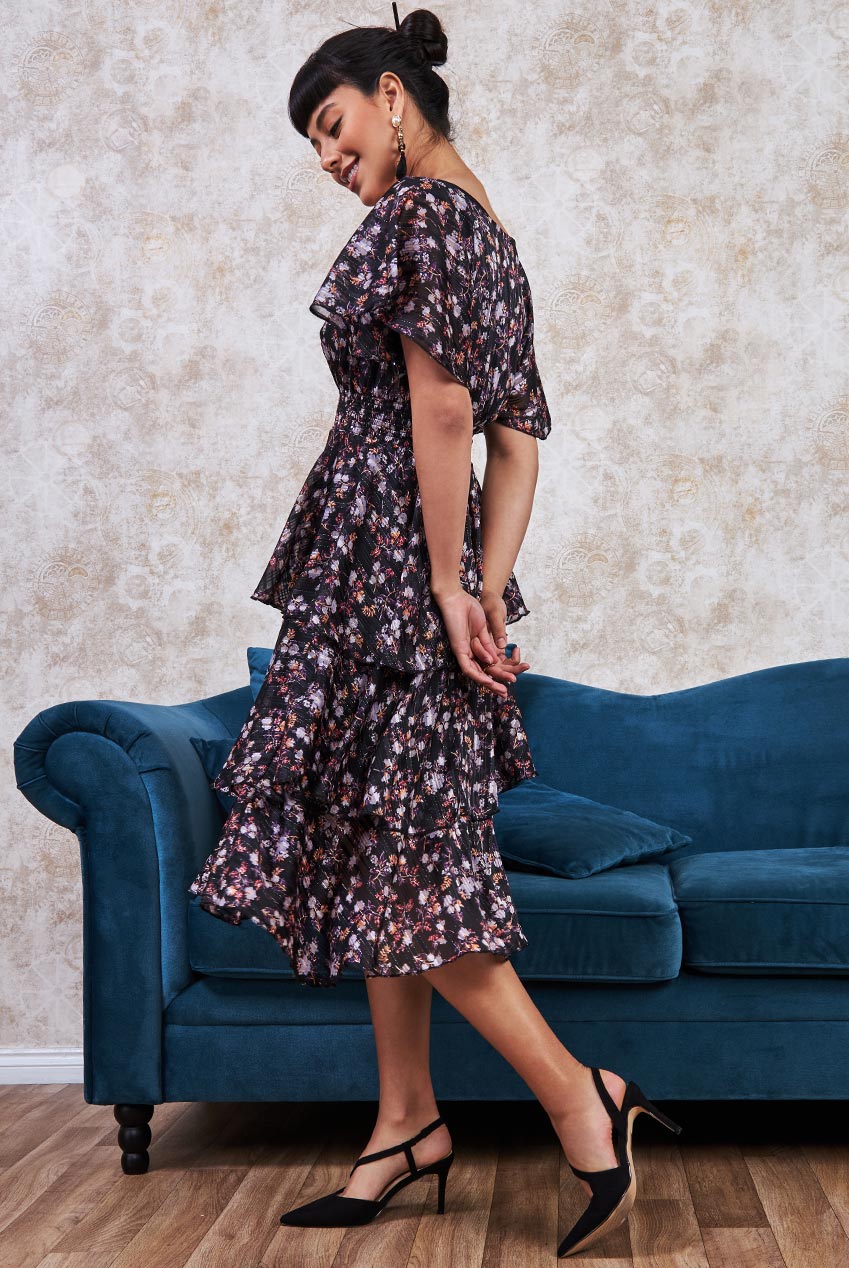 Floral Layered Midi Dress With Flutter Sleeves DR3296