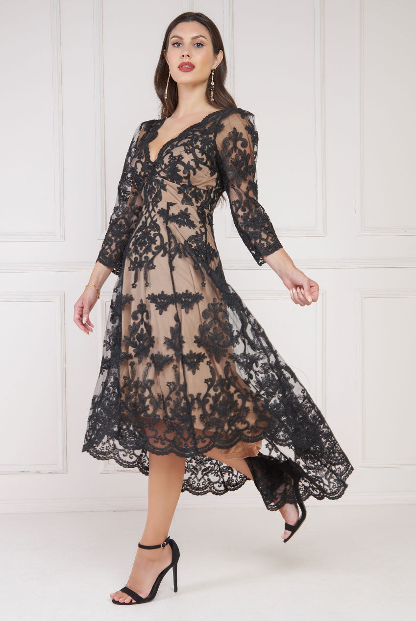 Embroidered Scallop Lace Hi- Low Midi Dress DR3347