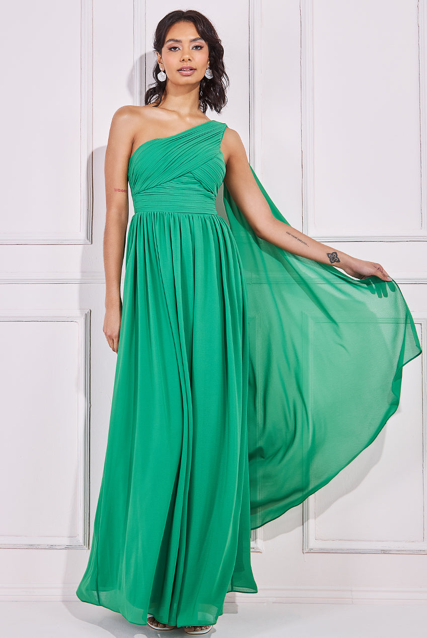 One Shoulder Pleated Chiffon Scarf Maxi Dress DR3430