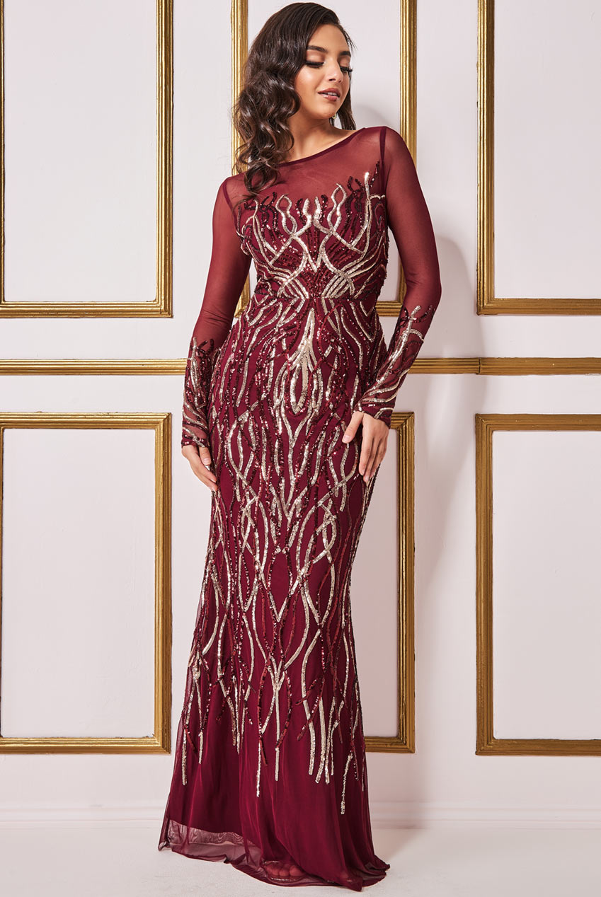 Flame Patterned Sequin Long Sleeve Maxi Dress DR3486