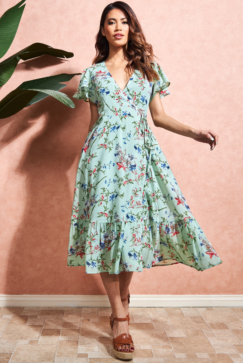 Wholesale Floral Printed Chiffon Flutter Sleeve Midi Dress City Goddess Wholesale Floral Printed Chiffon Flutter Sleeve Midi Dress City Goddess