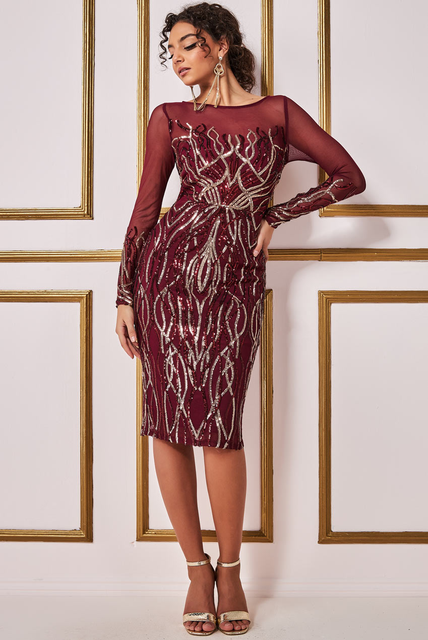 Flame Patterned Sequin Long Sleeve Midi Dress DR3605