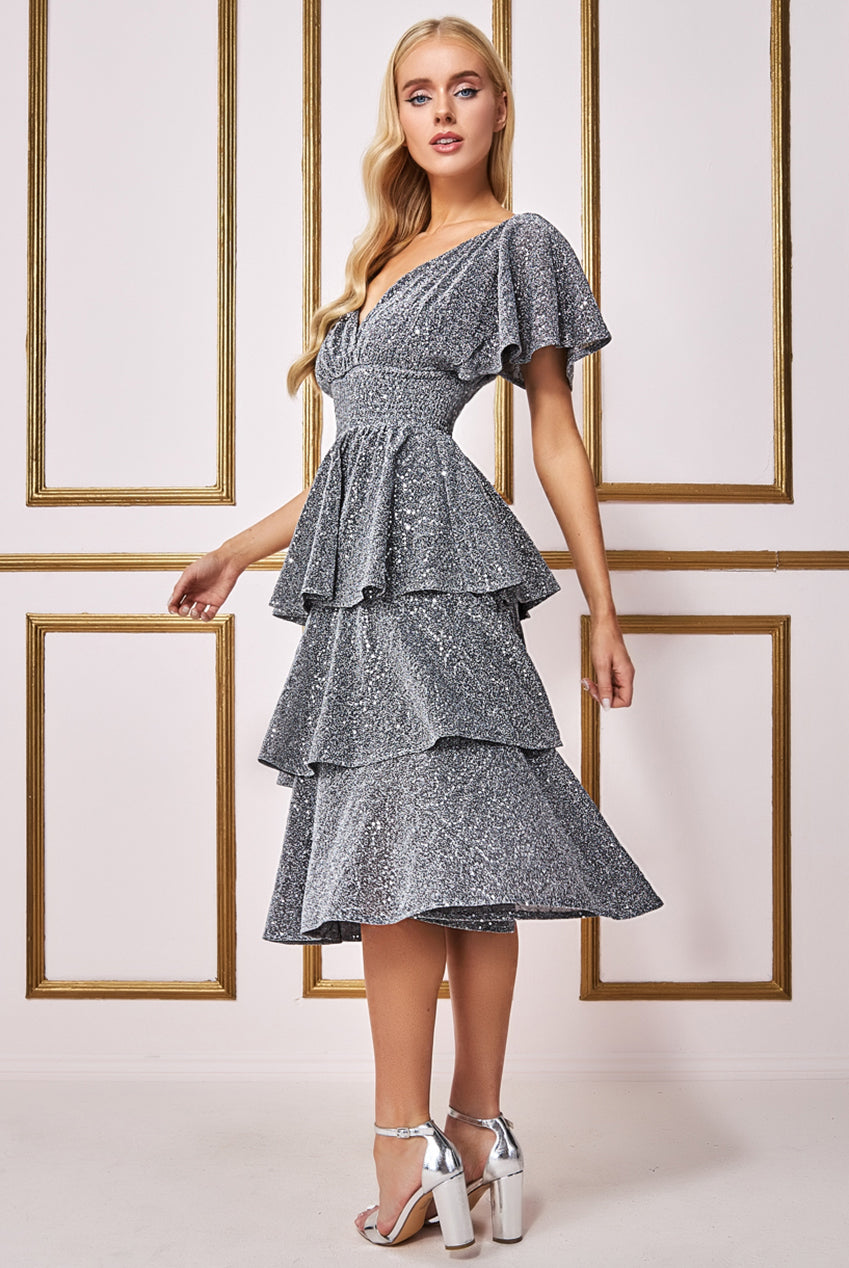 Patterned Sequin Lurex Tiered Midi Dress With Flutter Sleeves DR3656