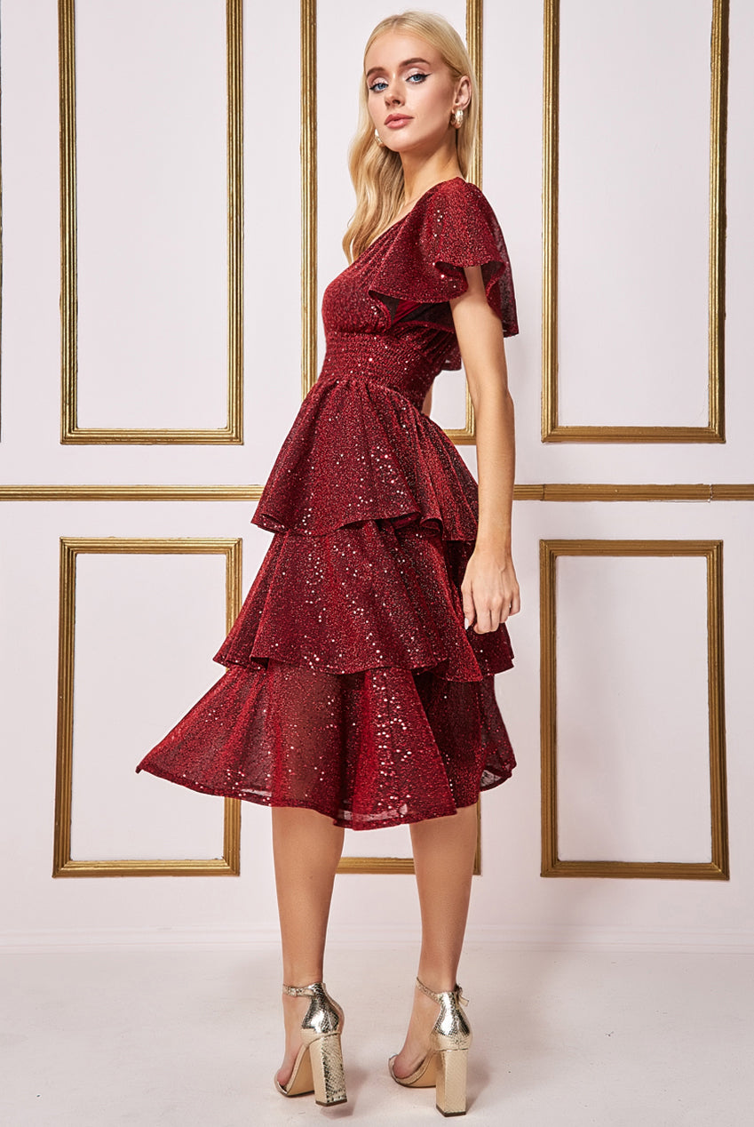 Wholesale Patterned Sequin Lurex Tiered Midi Dress With Flutter Sleeves –  City Goddess