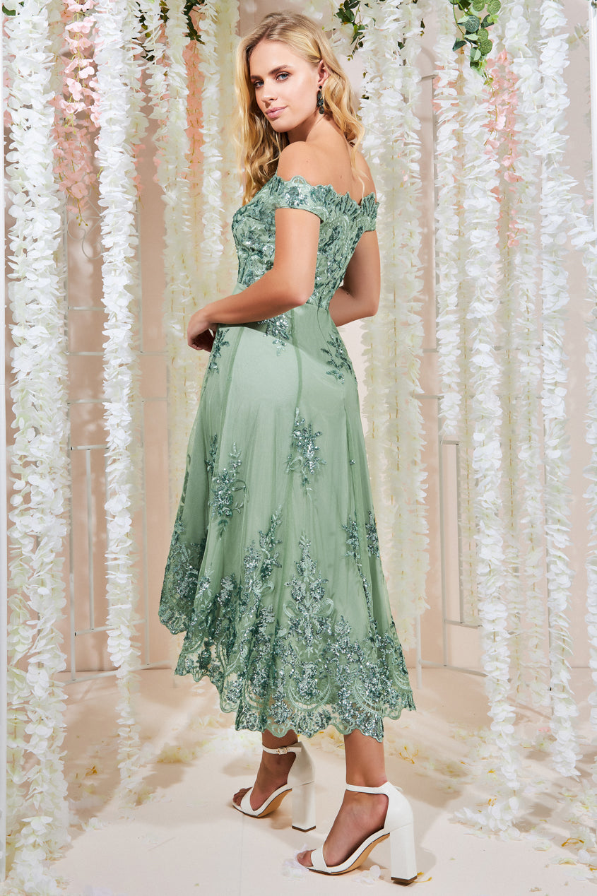 Embroidered Sequin Scallop Lace High Low Midi Dress DR3675