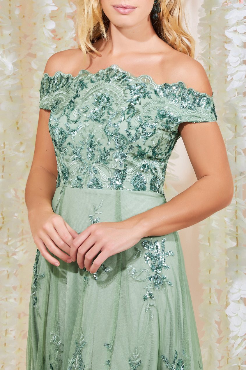 Embroidered Sequin Scallop Lace High Low Midi Dress DR3675