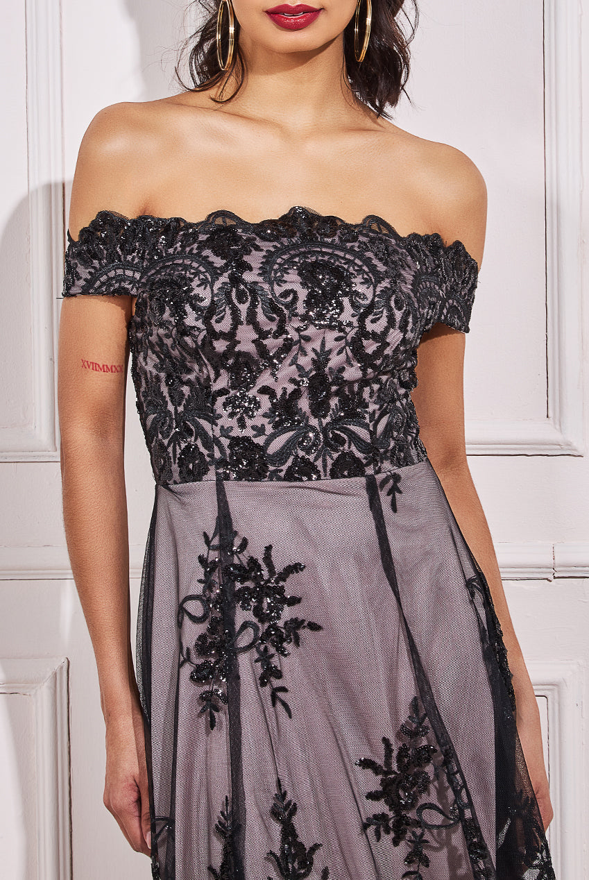 Embroidered Sequin Scallop Lace High Low Midi Dress DR3675