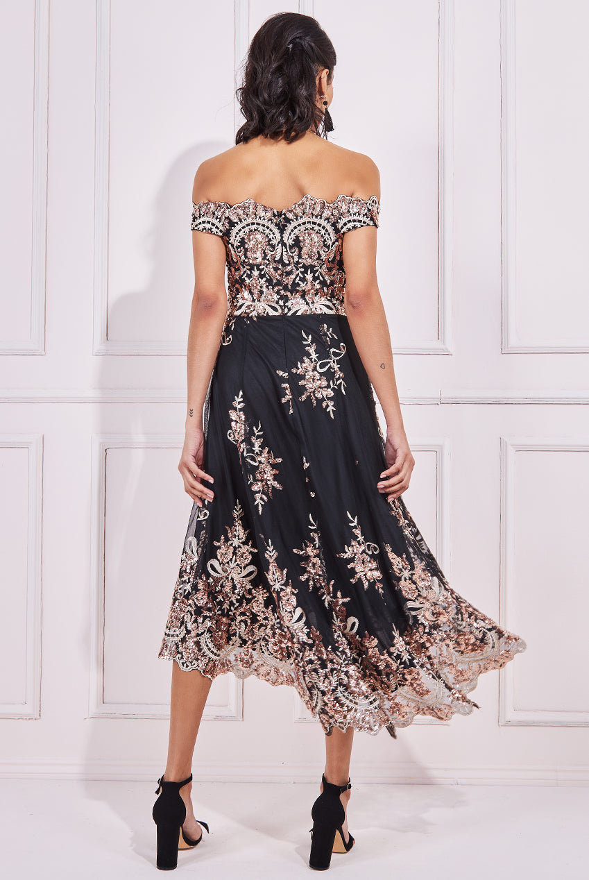 Embroidered Sequin Scallop Lace High Low Midi Dress DR3675