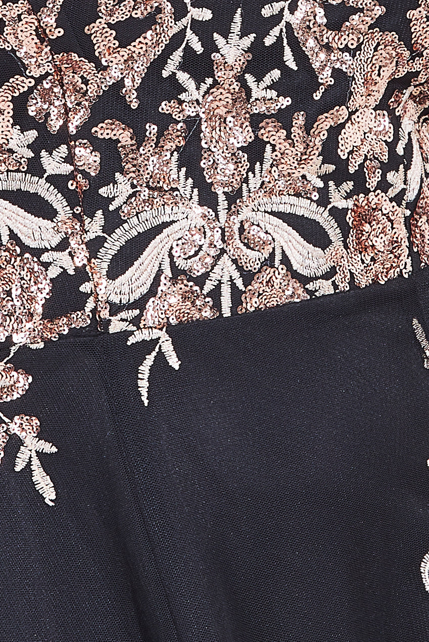 Embroidered Sequin Scallop Lace High Low Midi Dress DR3675