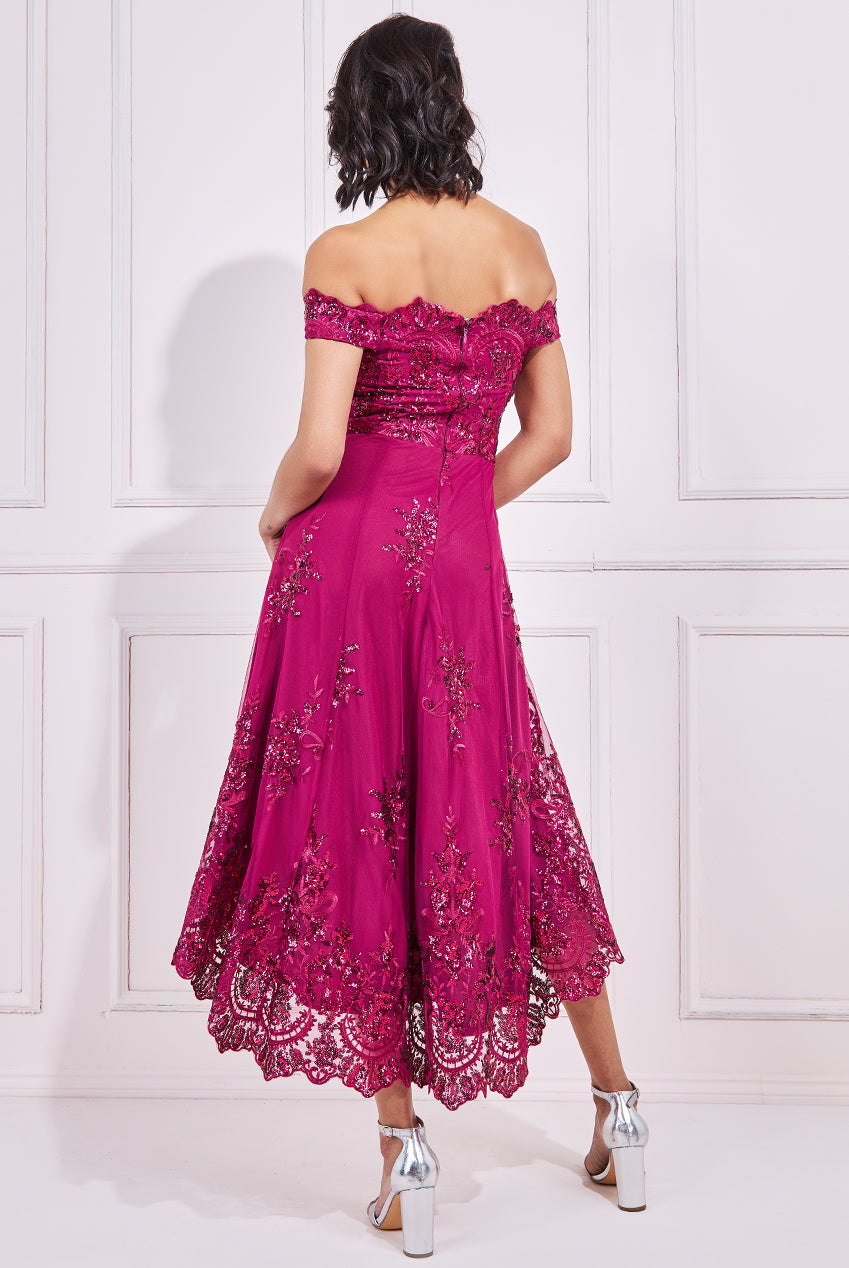 Embroidered Sequin Scallop Lace High Low Midi Dress DR3675