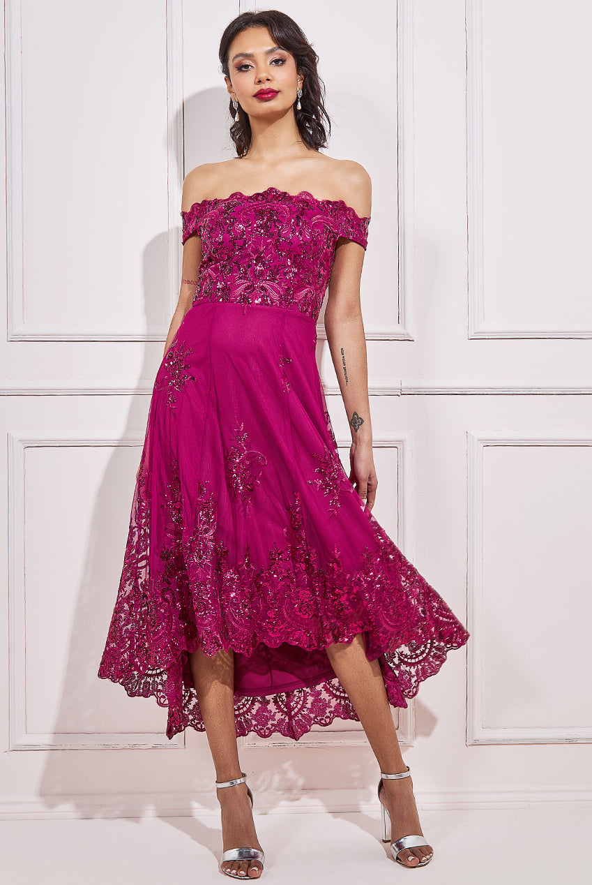 Embroidered Sequin Scallop Lace High Low Midi Dress DR3675