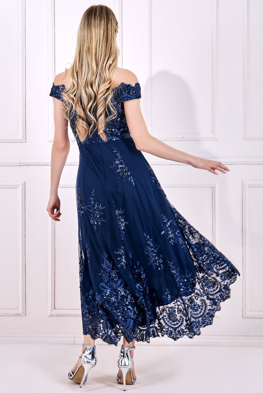 Embroidered Sequin Scallop Lace High Low Midi Dress DR3675
