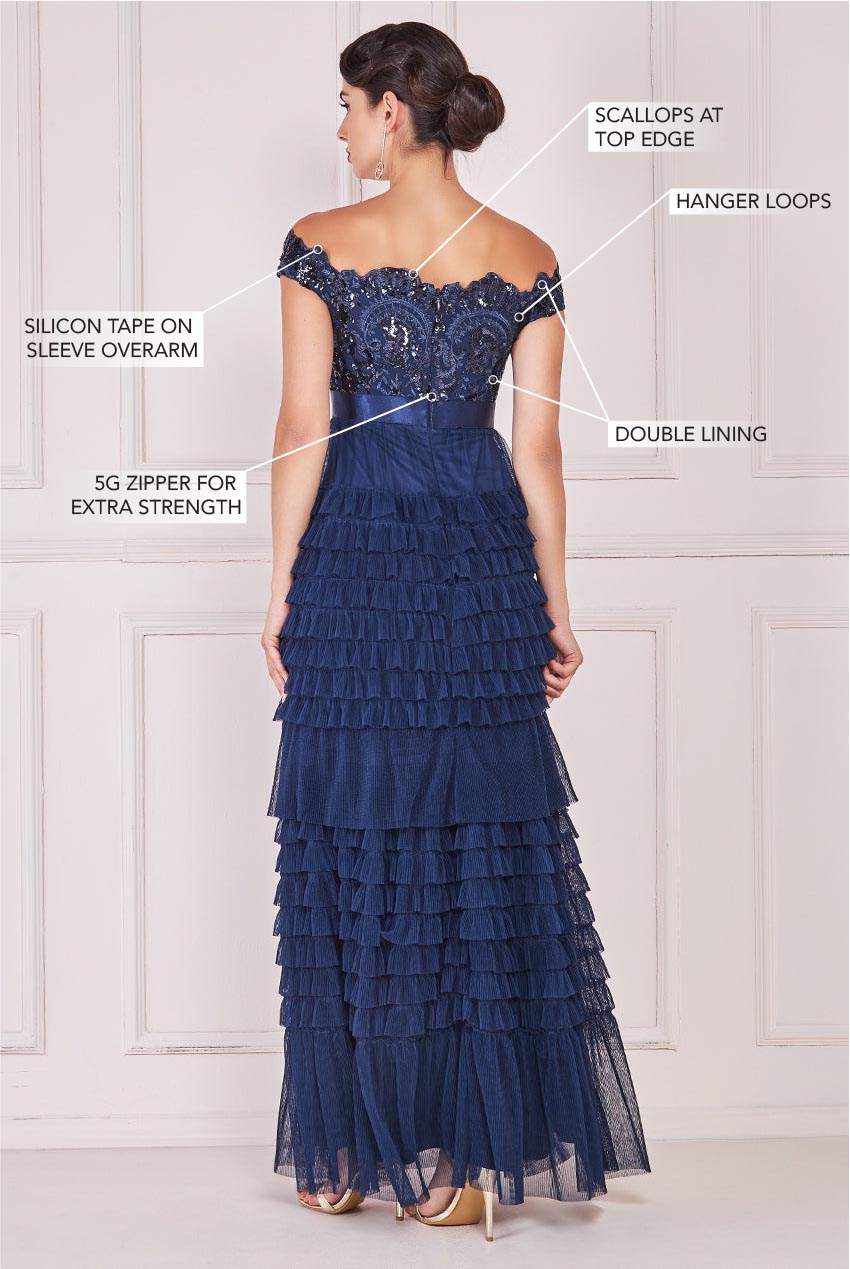 Wholesale Sequin Embroidered Scallop Bardot Tiered Ruffles Maxi Dress City Goddess Wholesale Sequin Embroidered Scallop Bardot Tiered Ruffles Maxi Dress City Goddess