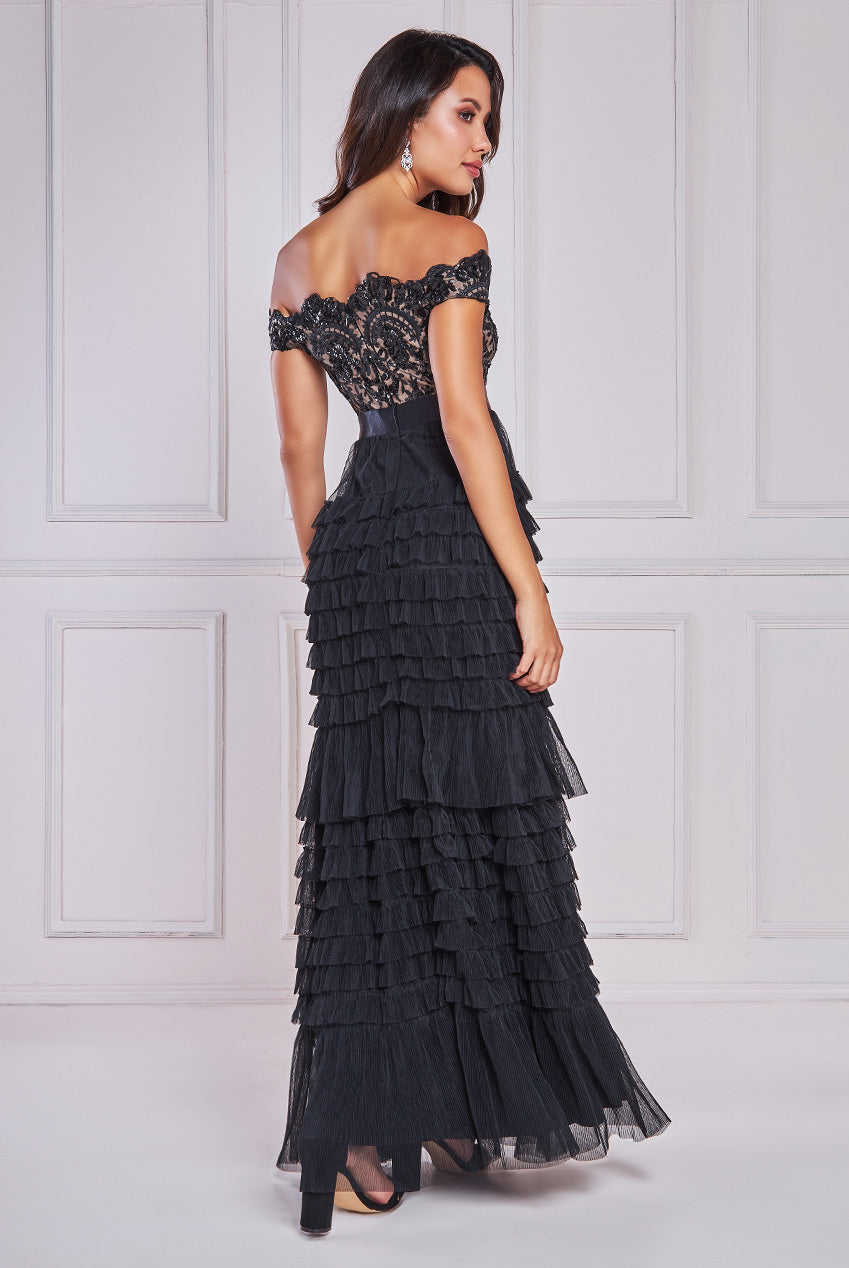 Sequin Embroidered Scallop Bardot Tiered Ruffles Maxi Dress DR3742