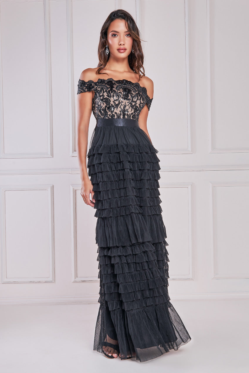Sequin Embroidered Scallop Bardot Tiered Ruffles Maxi Dress DR3742