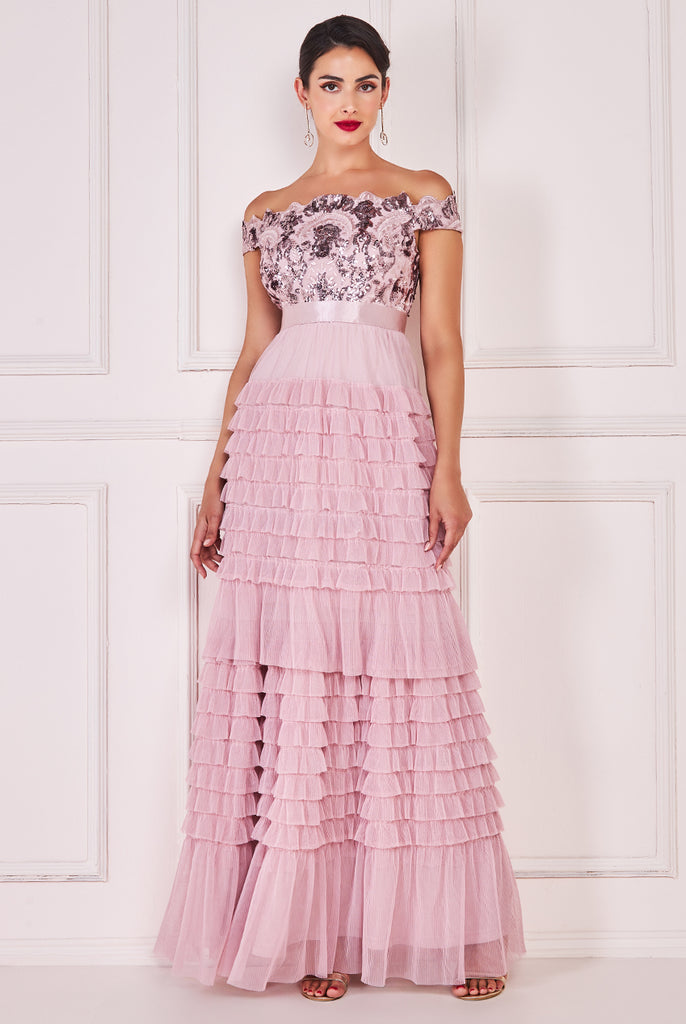 EMBROIDERED SCALLOP EDGE MAXI DRESS-PINK/MULTI main image 0
