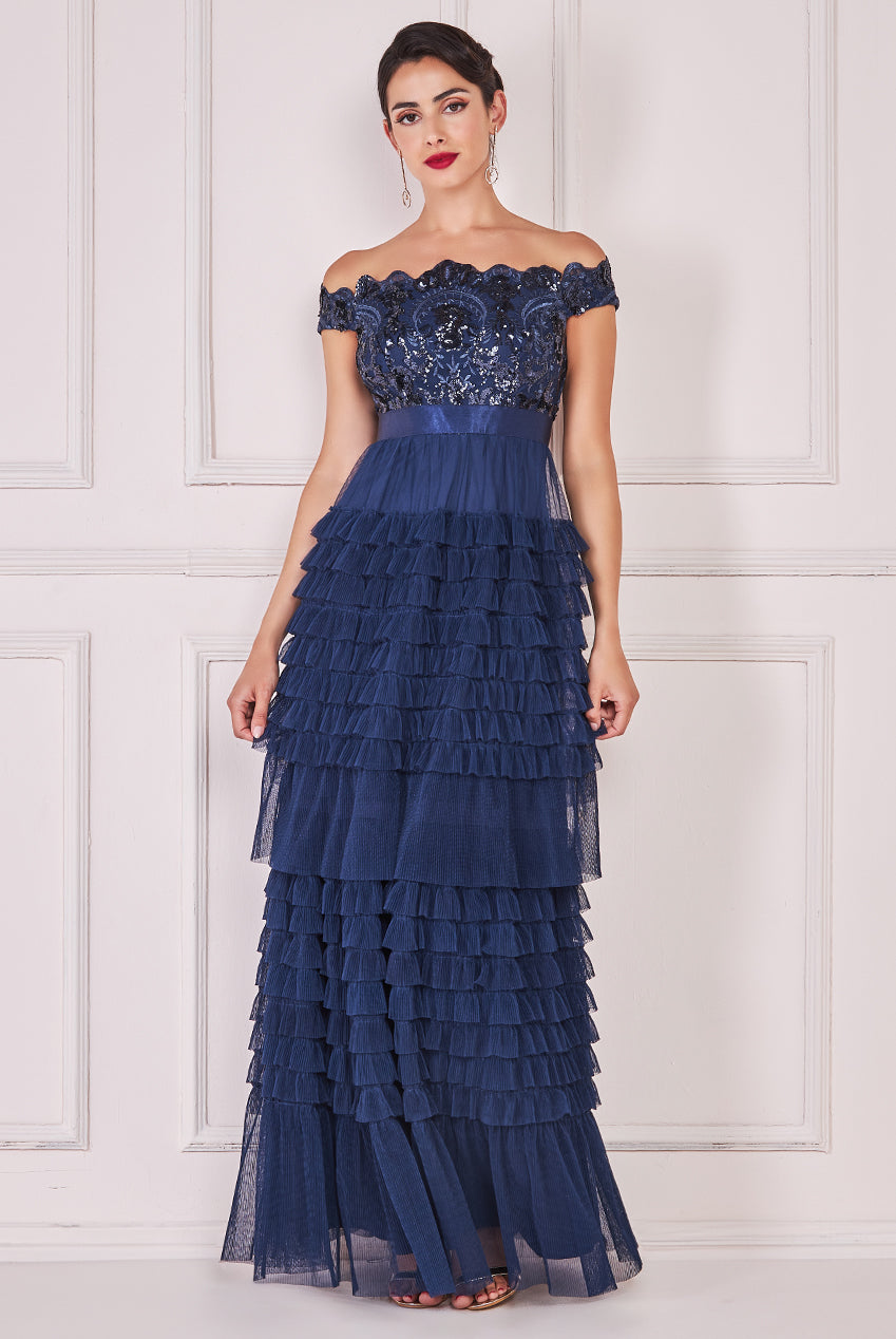 Wholesale Sequin Embroidered Scallop Bardot Tiered Ruffles Maxi Dress City Goddess Wholesale Sequin Embroidered Scallop Bardot Tiered Ruffles Maxi Dress City Goddess