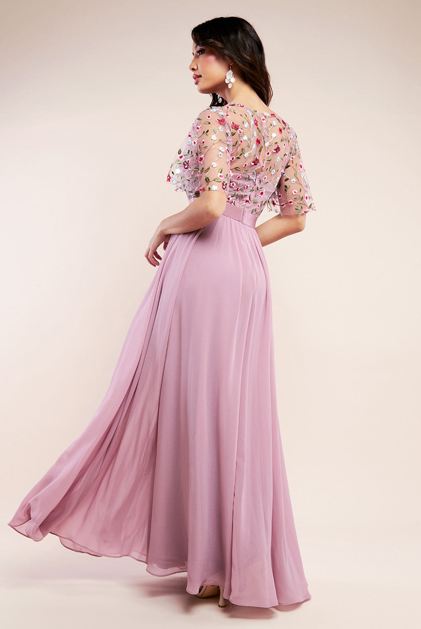 Embroidered Top Flutter Sleeve Maxi Dress DR3799