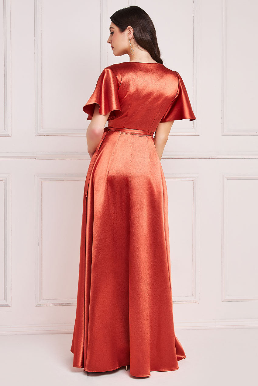 Flutter Sleeve Wrapover Satin Maxi Dress DR3955